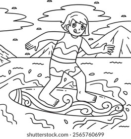 Surfing Girl Balance on Surfboard Coloring Page