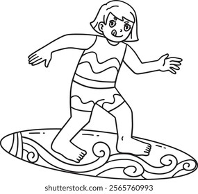 Surfing Girl Balance Surfboard Isolated Coloring 