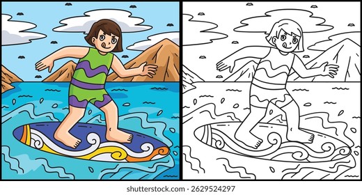 Surfing Girl Balancing on Surfboard Illustration 