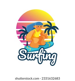  Surfing girl cgaracter illustration for graphic t-shirt print design with slogan Surfing. Summer sunset with palms and surfing girl on surfboard. Vector