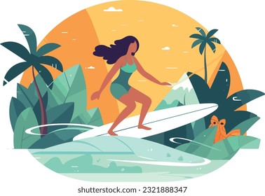 surfing girl illustration, Cheerful girl surfing with joyful expression