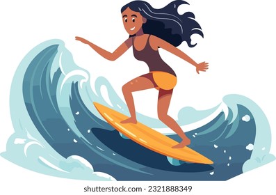 surfing girl illustration, Cheerful girl surfing with joyful expression
