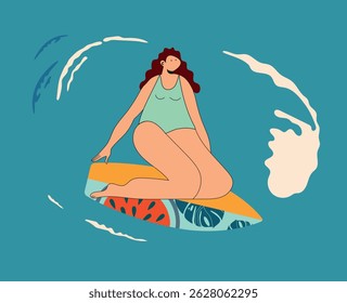 Surfing girl illustration.Woman in swimwear riding the waves. Cute cartoon style. Perfect for summer posters, beach party invitations, travel brochures, and wall art decor.