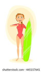 Surfing girl isolated. Surfing board. Summer moments. Vector illustration.