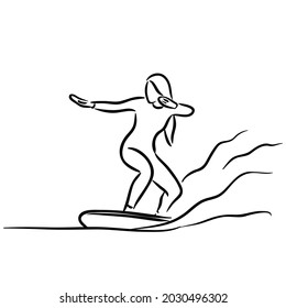 surfing girl Line art vector isolated