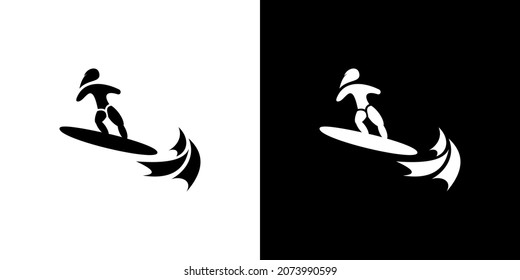 Surfing girl logo isolated on black and white design.