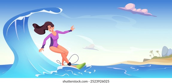 Surfing. Girl in ocean on surfboard extreme watersport exact vector cartoon background