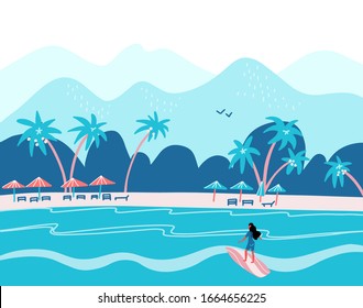 Surfing girl on a beach. Palm, sand, ocean on background. Banner, site, poster template with place for your text. Flat vector illustration in blue colors.