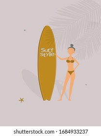 Surfing girl on the beach under the shadow of a palm tree. Vector illustration of cartoon beach accessories. Сartoon character for brochures, flyer, shop, tourism.