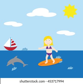Surfing Girl on Ocean
