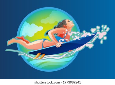 Surfing girl on the surf board catching waves in the sea.A girl with a surfboard dives under a wave. Vector stylish icon in a flat style on the theme of surfing