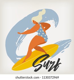 Surfing girl on the surf boards catching waves in the sea. Summer beach poster in vector.