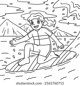 Surfing Girl on Surfboard Ready to Stand Coloring 