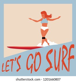 Surfing girl rides on the wave with lettering Let's go surf