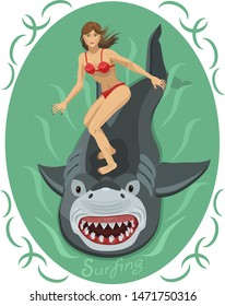 Surfing girl rides a shark riding like a surfboard, extreme riding, she is brave and agile she risks overcoming her fear!