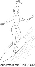 Surfing girl silhouette.  Modern line art style drawing, may use for logo or shop sign