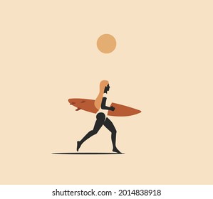 Surfing girl. Summer vacation or ocean beach or active lifestyle minimalistic 
concept illustration with running girl with surfboard. Vector illustration