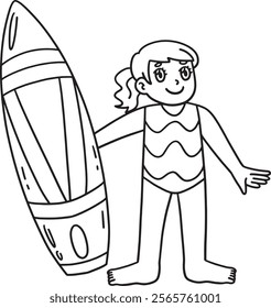 Surfing Girl Surfboard Isolated Coloring Page 