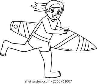 Surfing Girl with a Surfboard Isolated Coloring 