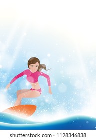 Surfing girl with surfboard on blue wave