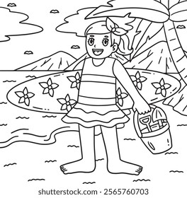 Surfing Girl Surfboard Sandcastle Tools Coloring