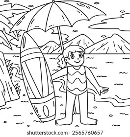 Surfing Girl and Surfboard with Umbrella Coloring 