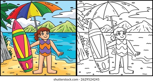 Surfing Girl Surfboard with Umbrella Illustration 