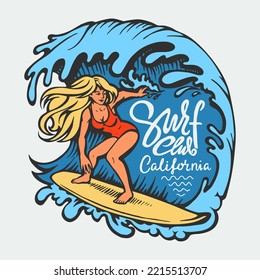 Surfing Girl. Vector Colorful Poster.