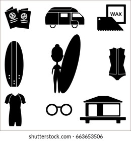 Surfing girl Vector illustration Set of silhouette icons Girl with surf board and equipment for surfing on white background Black and white icons set