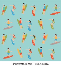 	
Surfing girls and surfing boys on the surf boards catching waves in the sea. Summer beach seamless pattern in vector