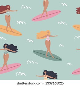 Surfing girls on the surf boards in the sea. Summer beach seamless pattern