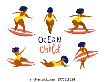 Surfing girls on the surf boards catching waves in the sea ocean. Woman with surfboard on the beach wearing bikini vector illustration cartoon clipart