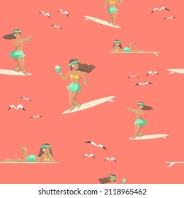 THE SURFING GIRLS IN SOME DIFFERENT POSSES  FLAT SEAMLESS PATTERN. PREMIUM VECTOR.