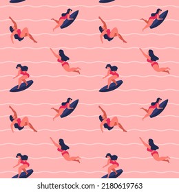 Surfing girls swimming and diving with surf board vector illustration. Women surfers in bikini swimsuits seamless pattern. Summer vibe, holidays, vacation.