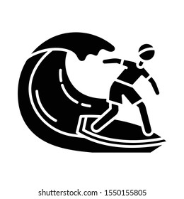 Surfing glyph icon. Watersport, extreme kind of sport. Catching ocean wave, surfer balancing on board. Summer activity and hobby. Silhouette symbol. Negative space. Vector isolated illustration