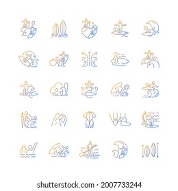 Surfing gradient linear vector icons set. Recreational activity. Catching waves and learning tricks. Surf zone. Thin line contour symbols bundle. Isolated vector outline illustrations collection