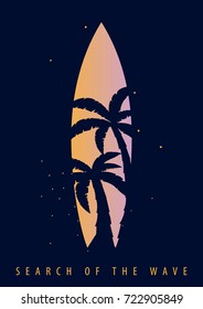 Surfing graphic with palms and surfingboards. T-shirt design and print