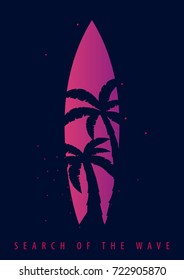 Surfing graphic with palms and surfingboards. T-shirt design and print