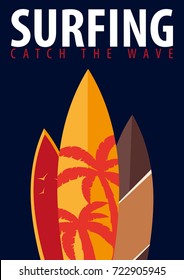 Surfing graphic with palms and surfingboards. T-shirt design and print