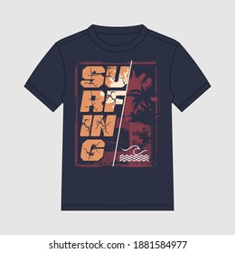 
SURFING graphic tee vector design with palm tree silhouette. Global swatches.
