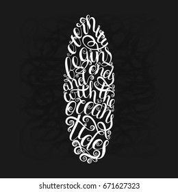 Surfing Graphics and Poster for web design or print. Surfboard seal, elements, symbols. Summer boarding. Chalk lettering. Lettering quote on black background, lettering silhouette