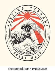 Surfing great wave off Kanagawa under the rays of the rising sun of empire. Vintage Japanese surfing typography t-shirt print.