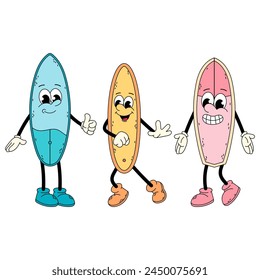 Surfing. Groovy character. Set of funny cartoon characters in flat style. Illustration surfboard character.