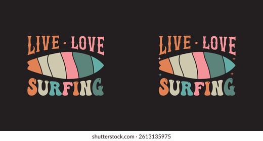 Surfing Groovy text effect California summer, stylish t-shirts and trendy clothing designs with lettering, and printable, vector illustration designs