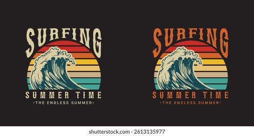 Surfing Groovy text effect California summer, stylish t-shirts and trendy clothing designs with lettering, and printable, vector illustration designs