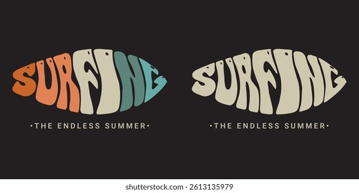 Surfing Groovy text effect California summer, stylish t-shirts and trendy clothing designs with lettering, and printable, vector illustration designs