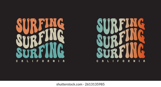 Surfing Groovy text effect California summer, stylish t-shirts and trendy clothing designs with lettering, and printable, vector illustration designs