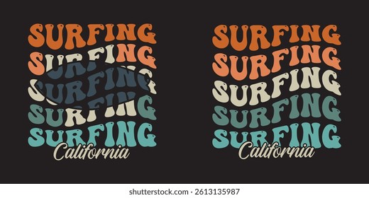 Surfing Groovy text effect California summer, stylish t-shirts and trendy clothing designs with lettering, and printable, vector illustration designs
