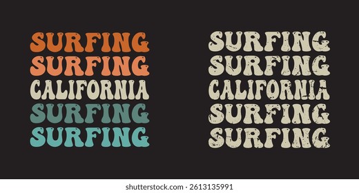 Surfing Groovy text effect California summer, stylish t-shirts and trendy clothing designs with lettering, and printable, vector illustration designs