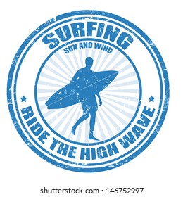 Surfing grunge rubber stamp with surfer silhouette, vector illustration